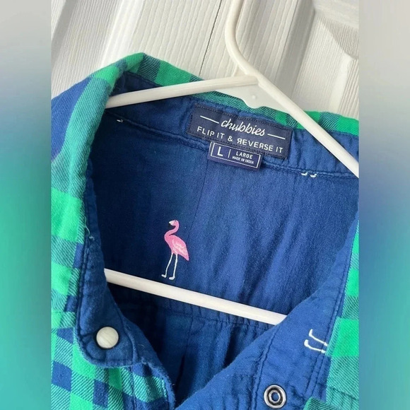 Chubbies Flip It & Reverse It Green Plaid Flamingo Dad Pearl Snaps Size Large - Picture 3 of 7